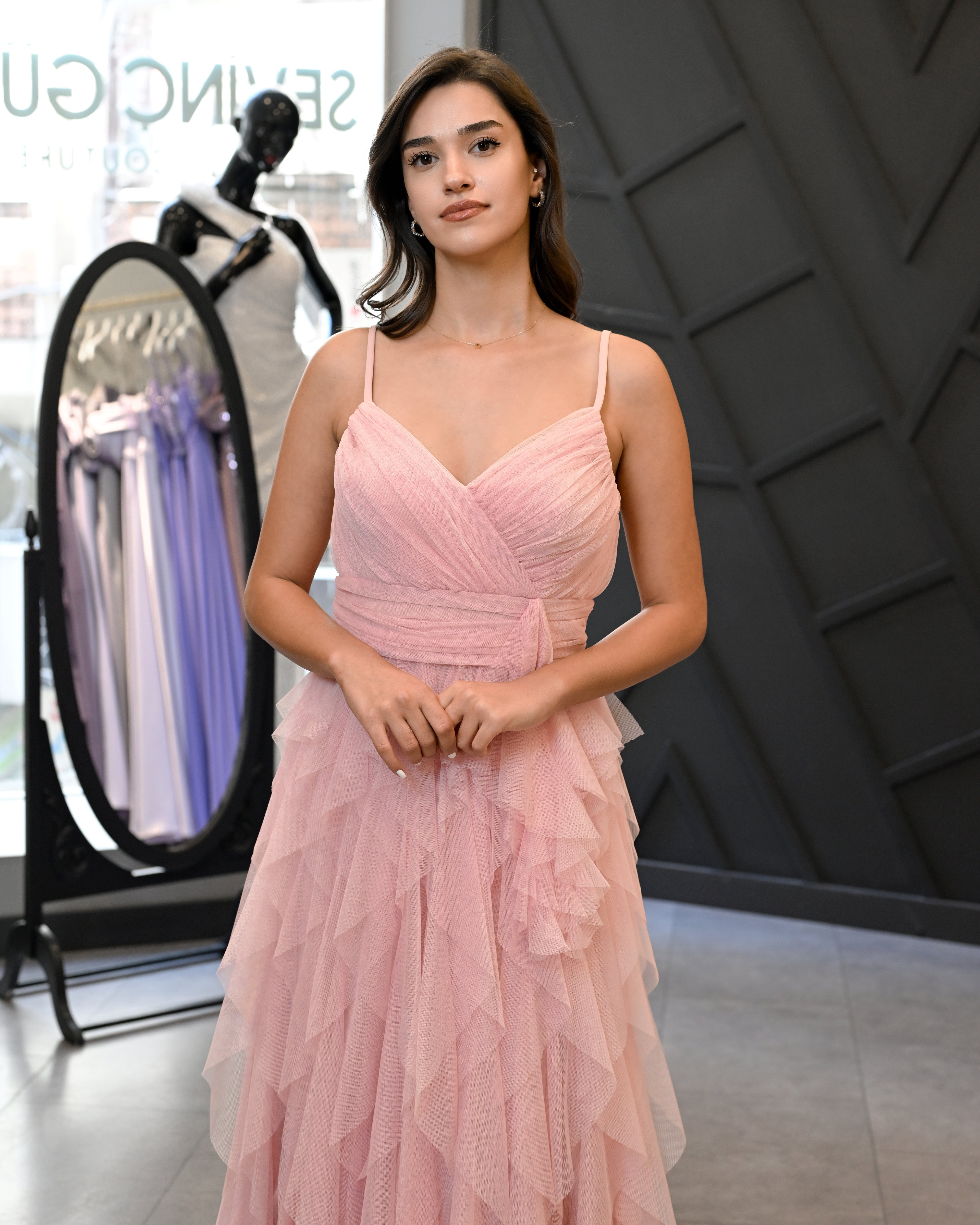 İnce Askılı Drape Beden A Kesim Etek Uzun Abiye Elbise