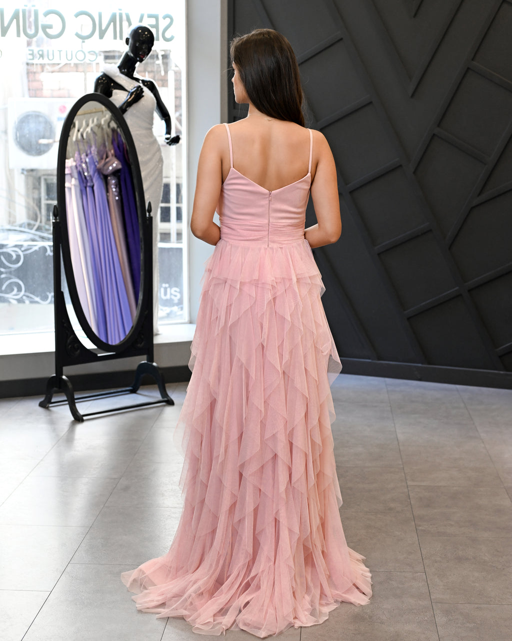 İnce Askılı Drape Beden A Kesim Etek Uzun Abiye Elbise