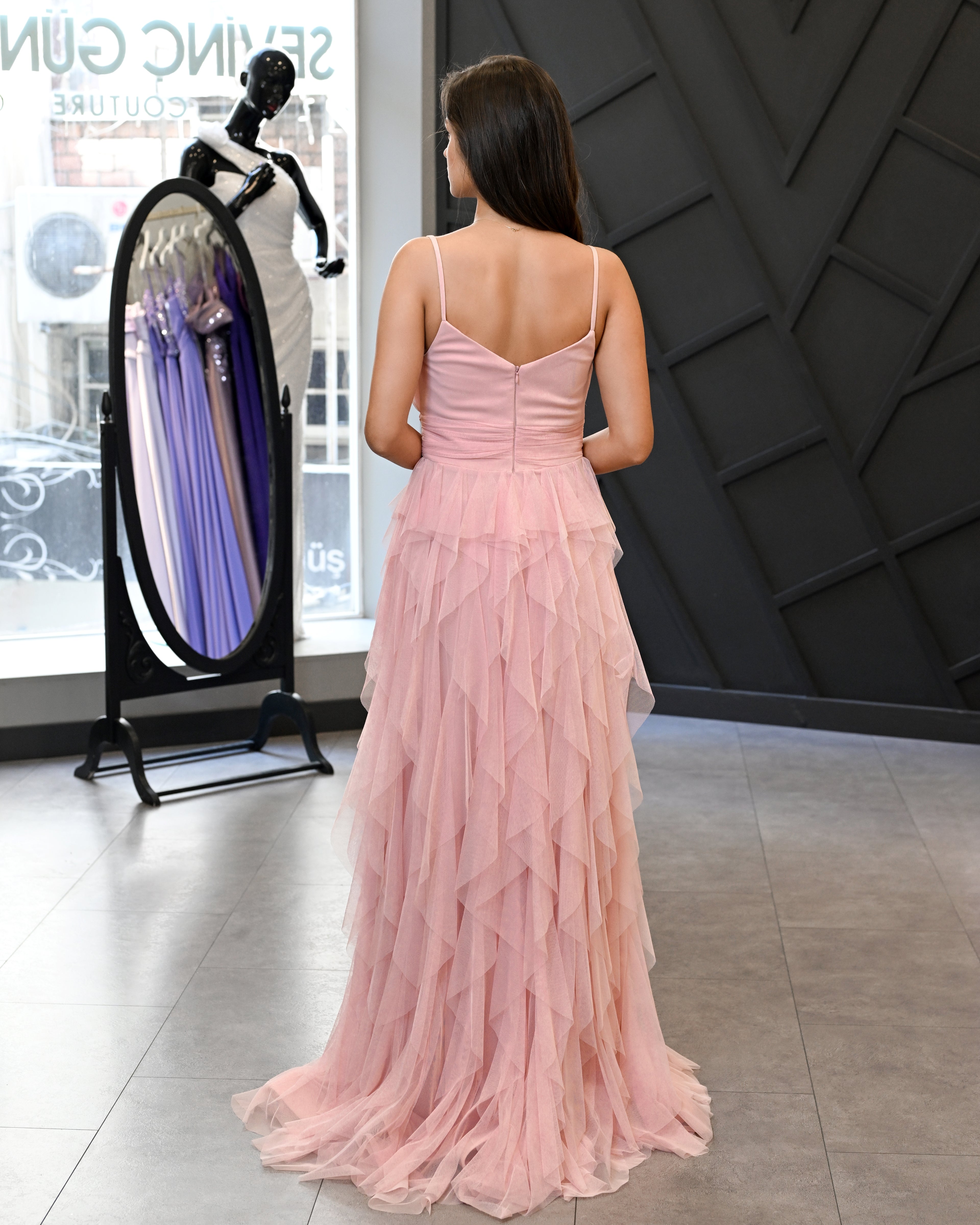 İnce Askılı Drape Beden A Kesim Etek Uzun Abiye Elbise