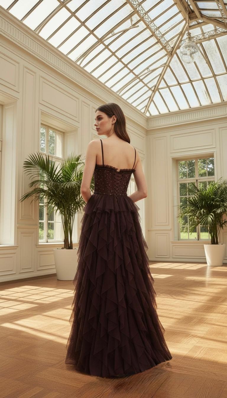 Askılı Dantelli Lazer Kesim Tül Etek Uzun Abiye Elbise