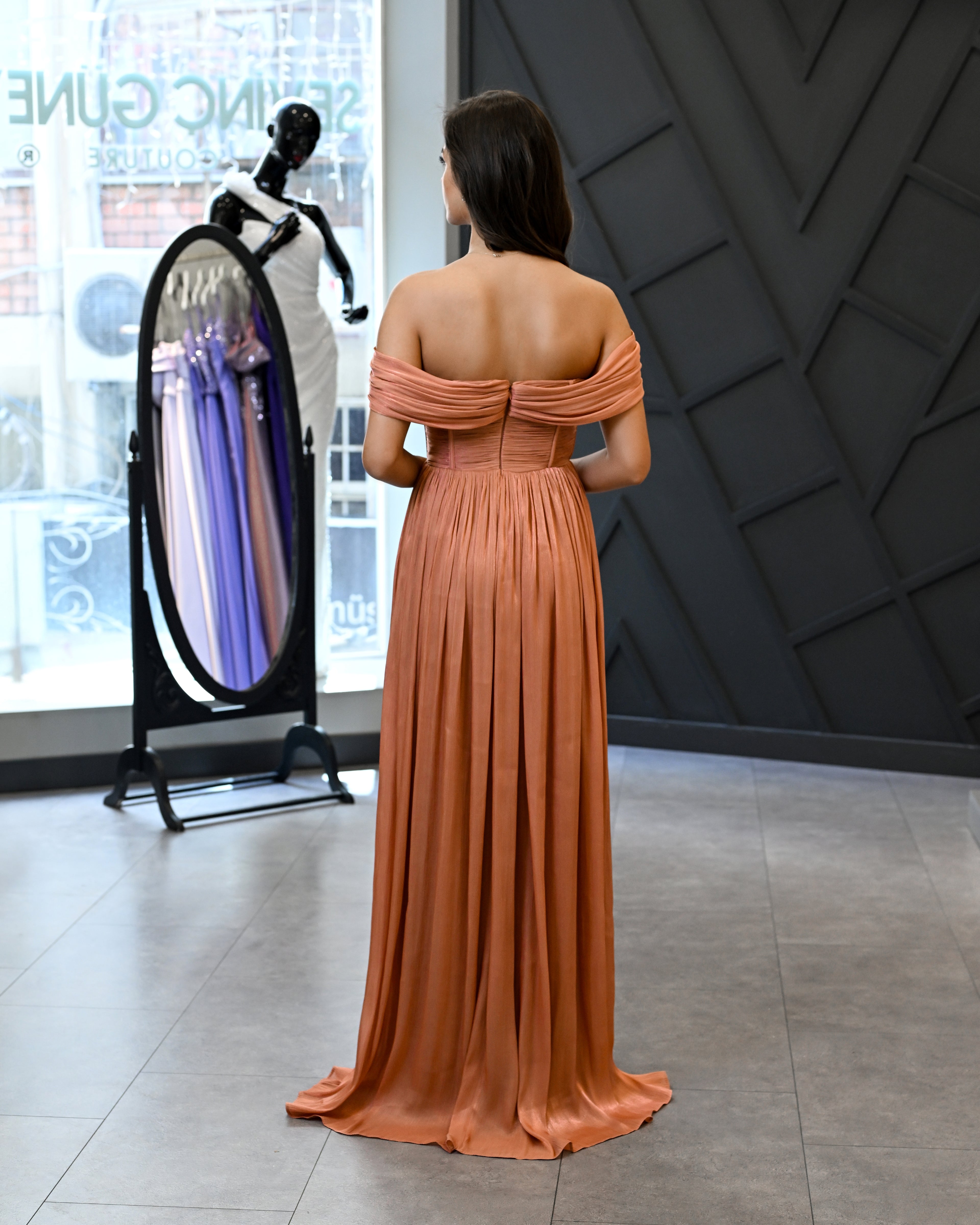 Düşük Kol Korsaj Beden Uzun Abiye Elbise