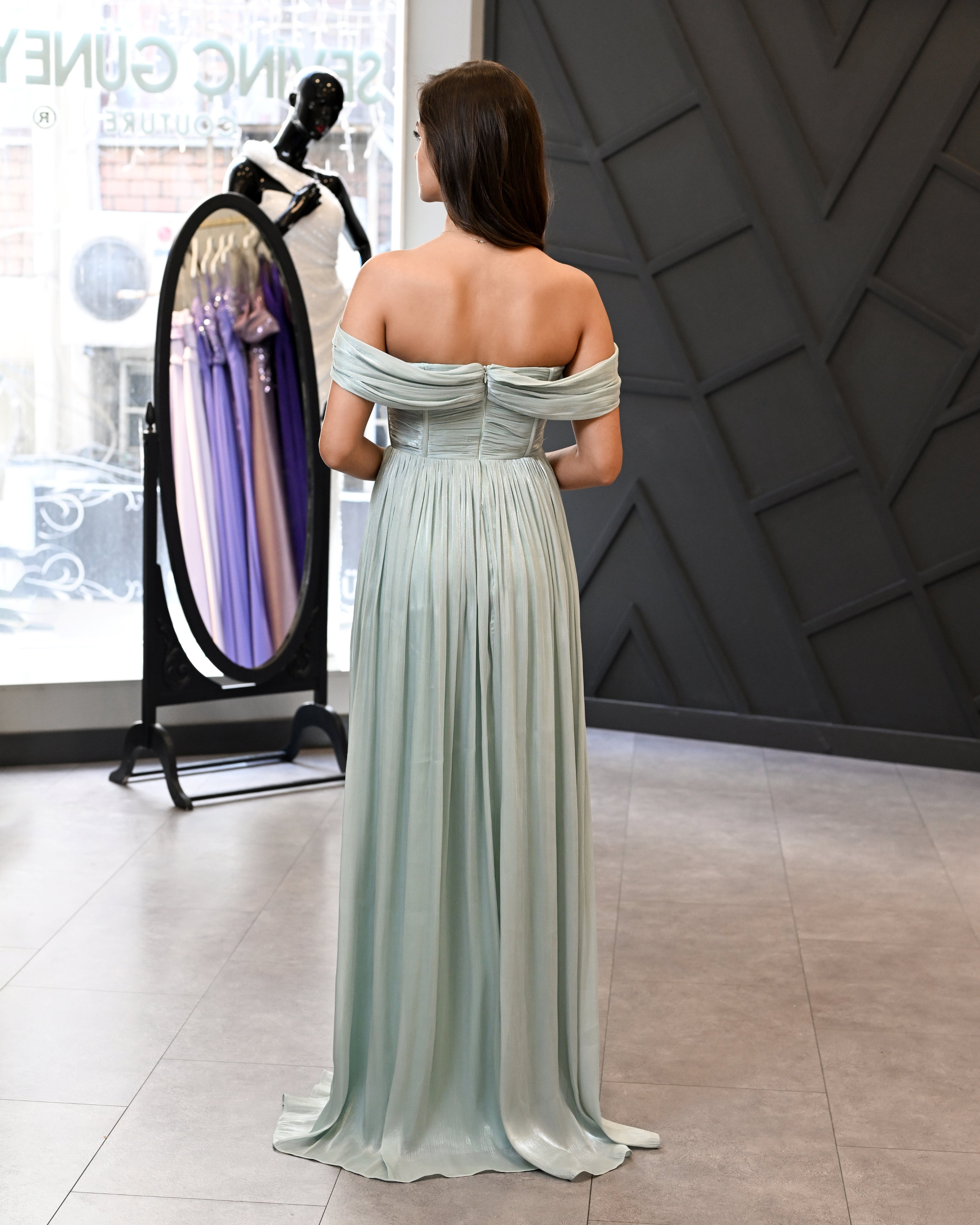 Düşük Kol Korsaj Beden Uzun Abiye Elbise