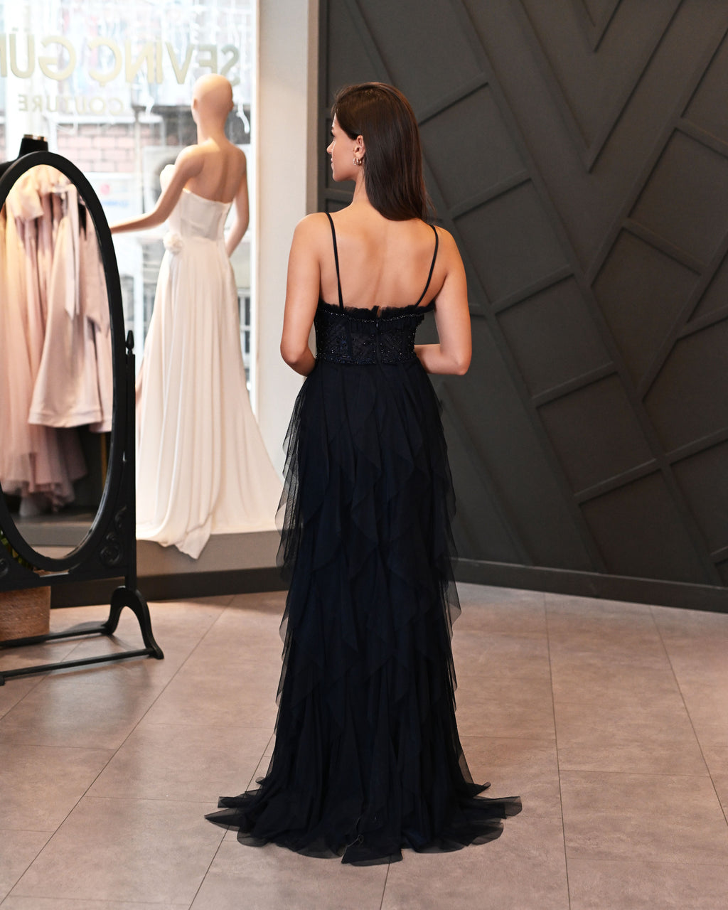 Askılı Dantelli Lazer Kesim Tül Etek Uzun Abiye Elbise