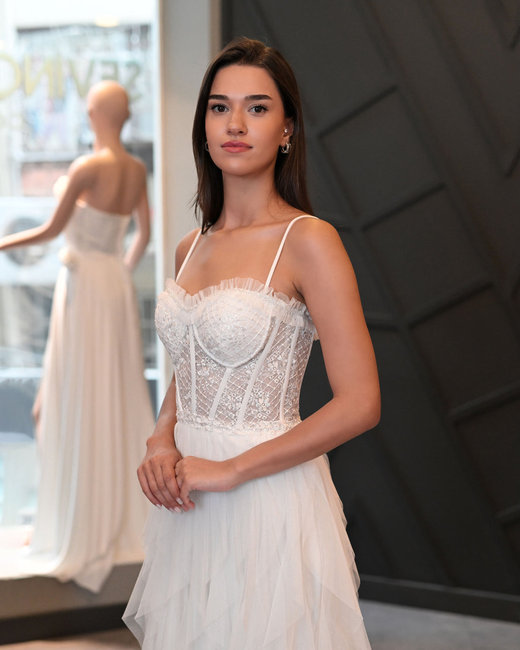 Askılı Dantelli Lazer Kesim Tül Etek Uzun Abiye Elbise