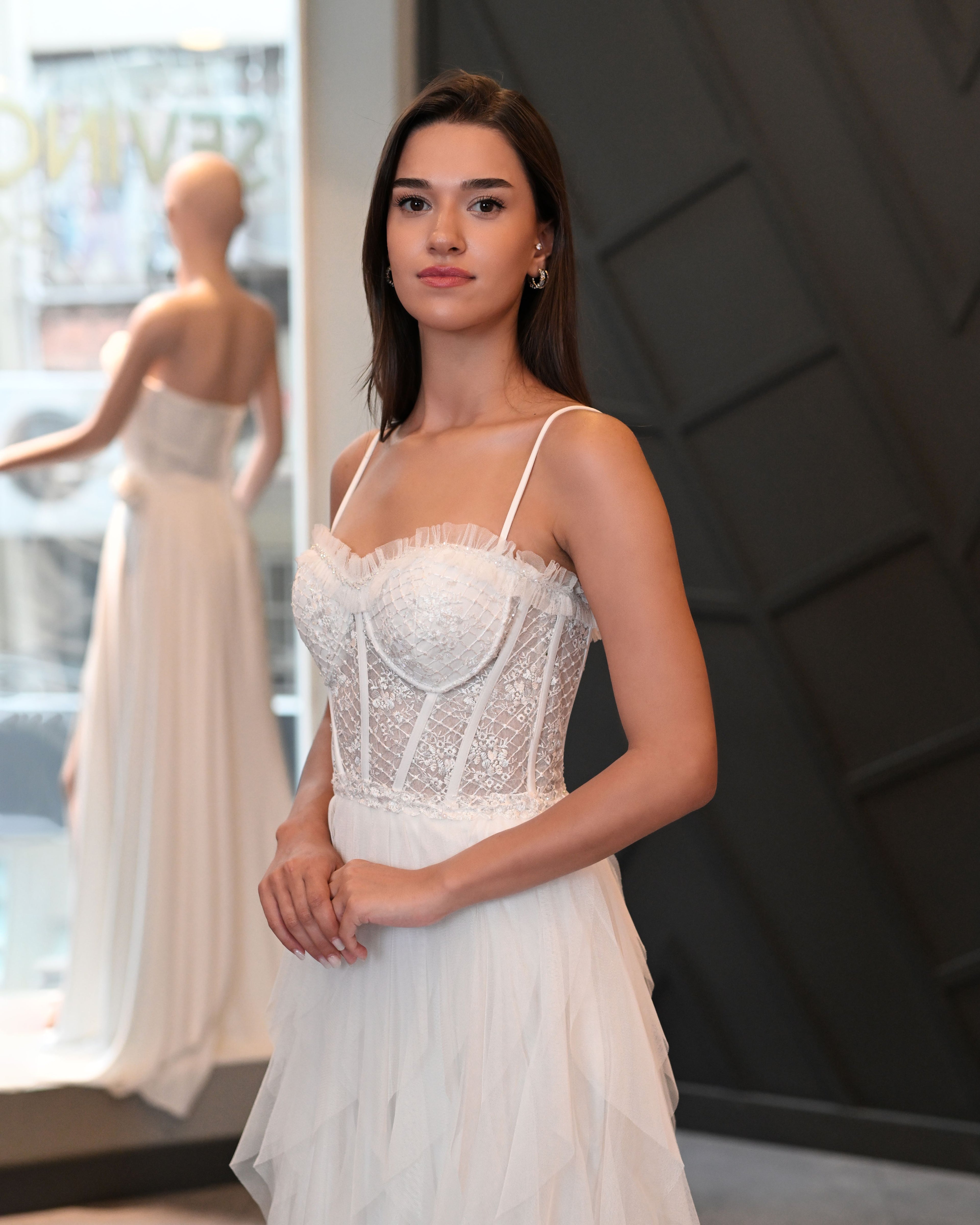 Askılı Dantelli Lazer Kesim Tül Etek Uzun Abiye Elbise