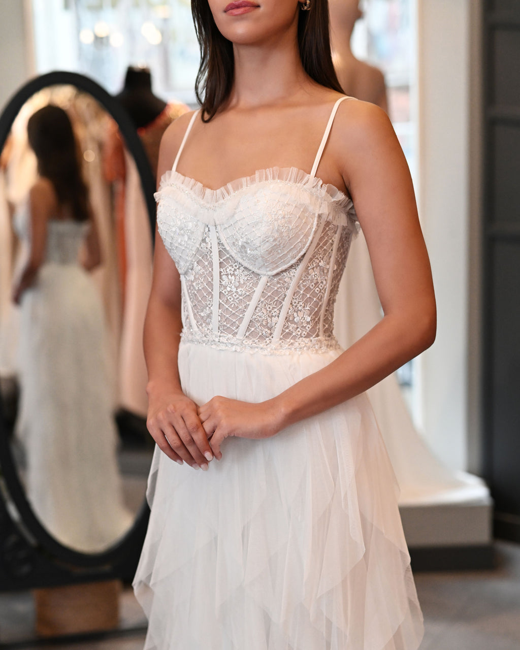 Askılı Dantelli Lazer Kesim Tül Etek Uzun Abiye Elbise