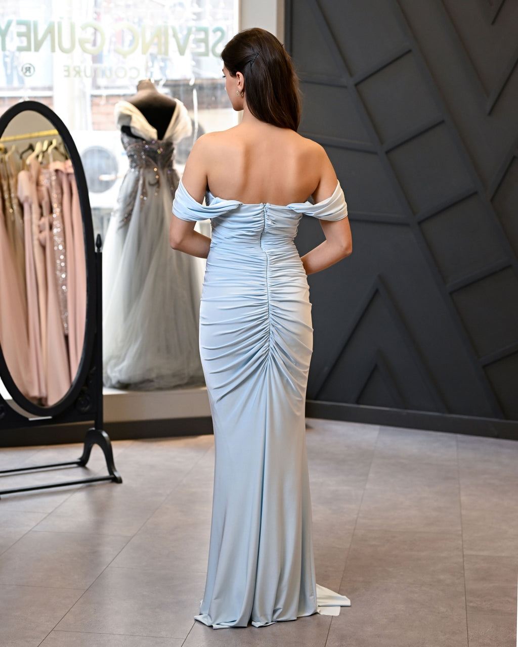 Düşük Kollu Jarse Kumaştan Balık Uzun Abiye Elbise