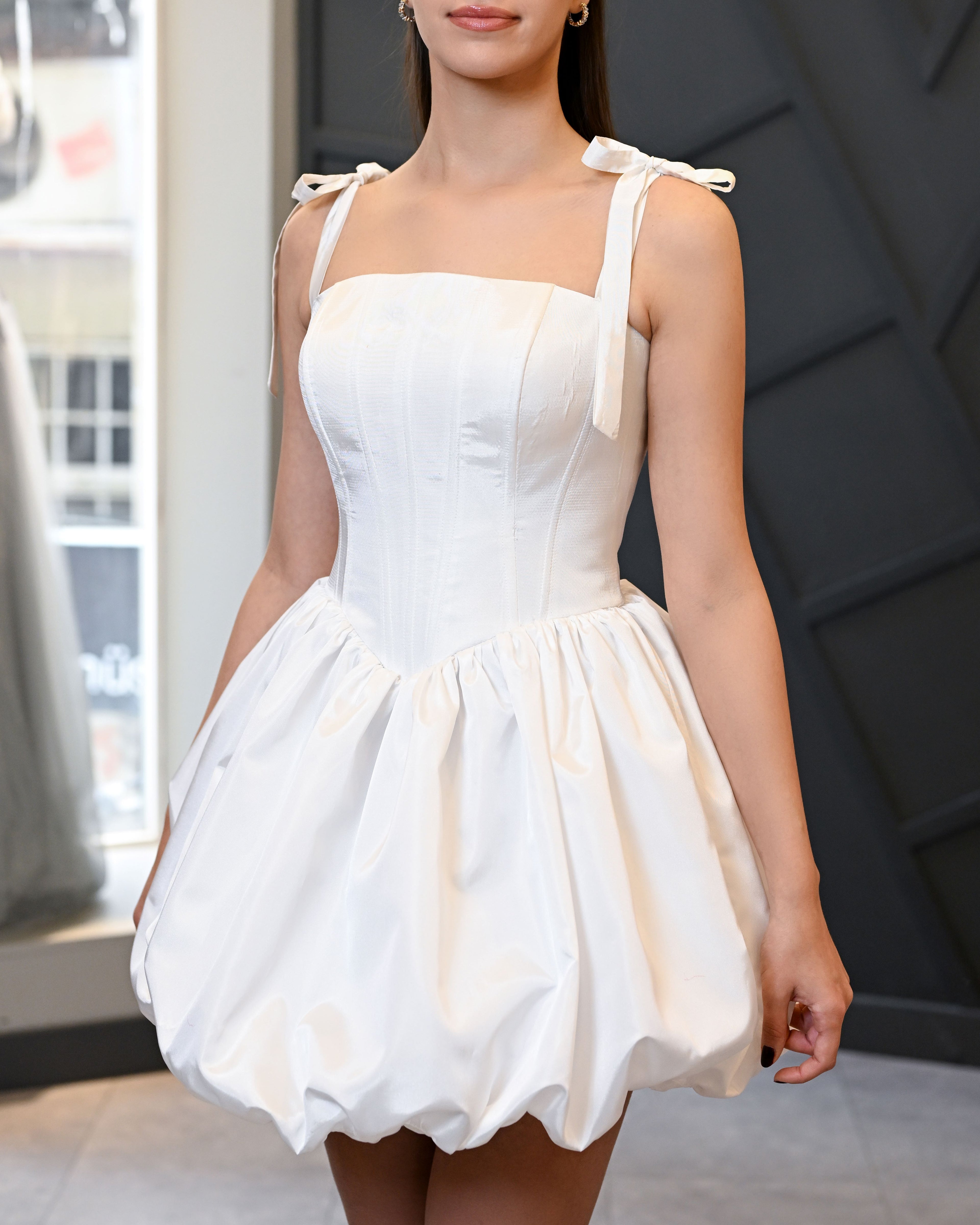 Korsaj Beden Askılı Balon Etek Mini Abiye Elbise