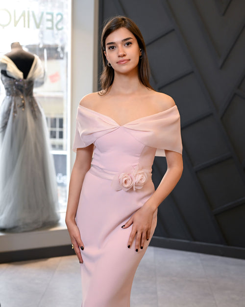 Carmen Yaka İnce Krep Uzun Abiye Elbise