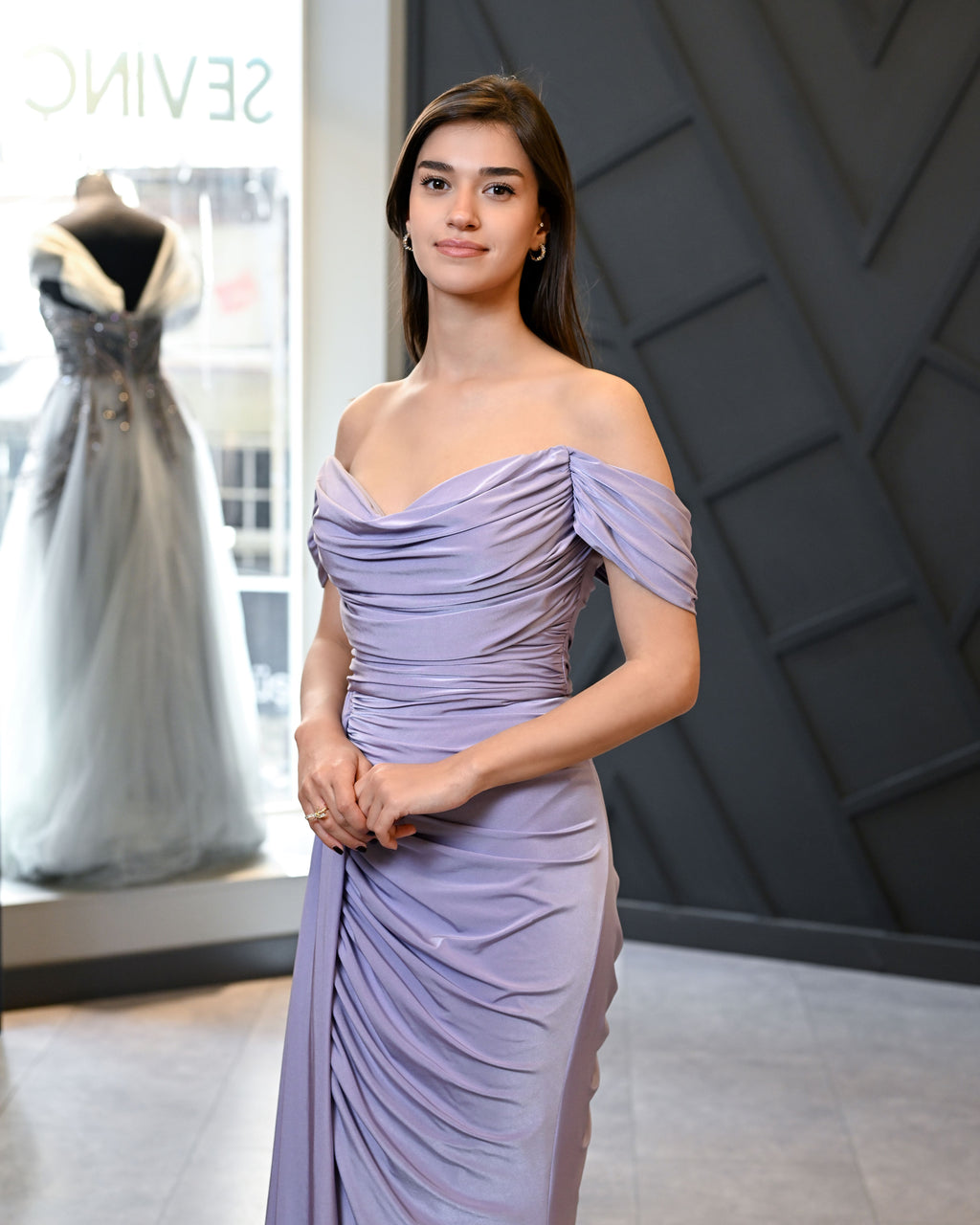 Düşük Kollu Jarse Kumaştan Balık Uzun Abiye Elbise