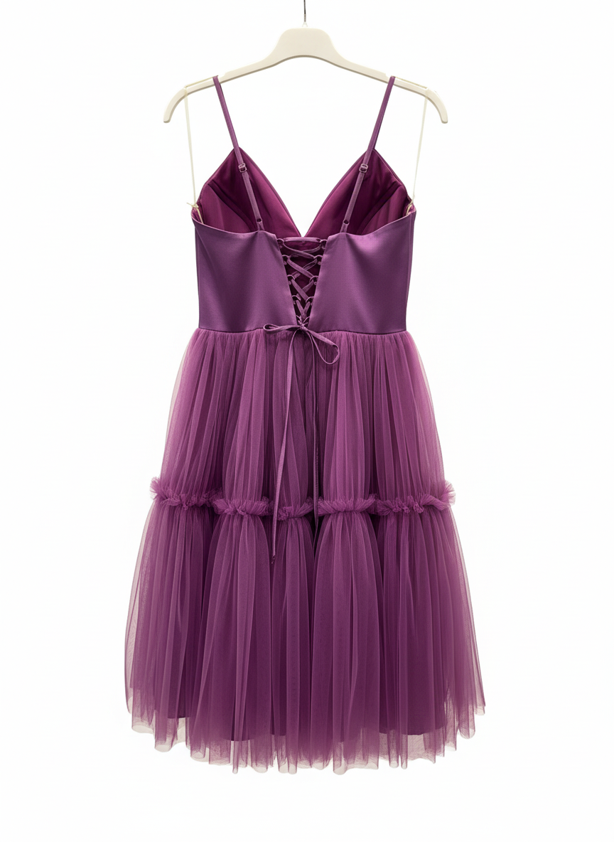 Tül Etek, Saten Beden Askılı Abiye Elbise