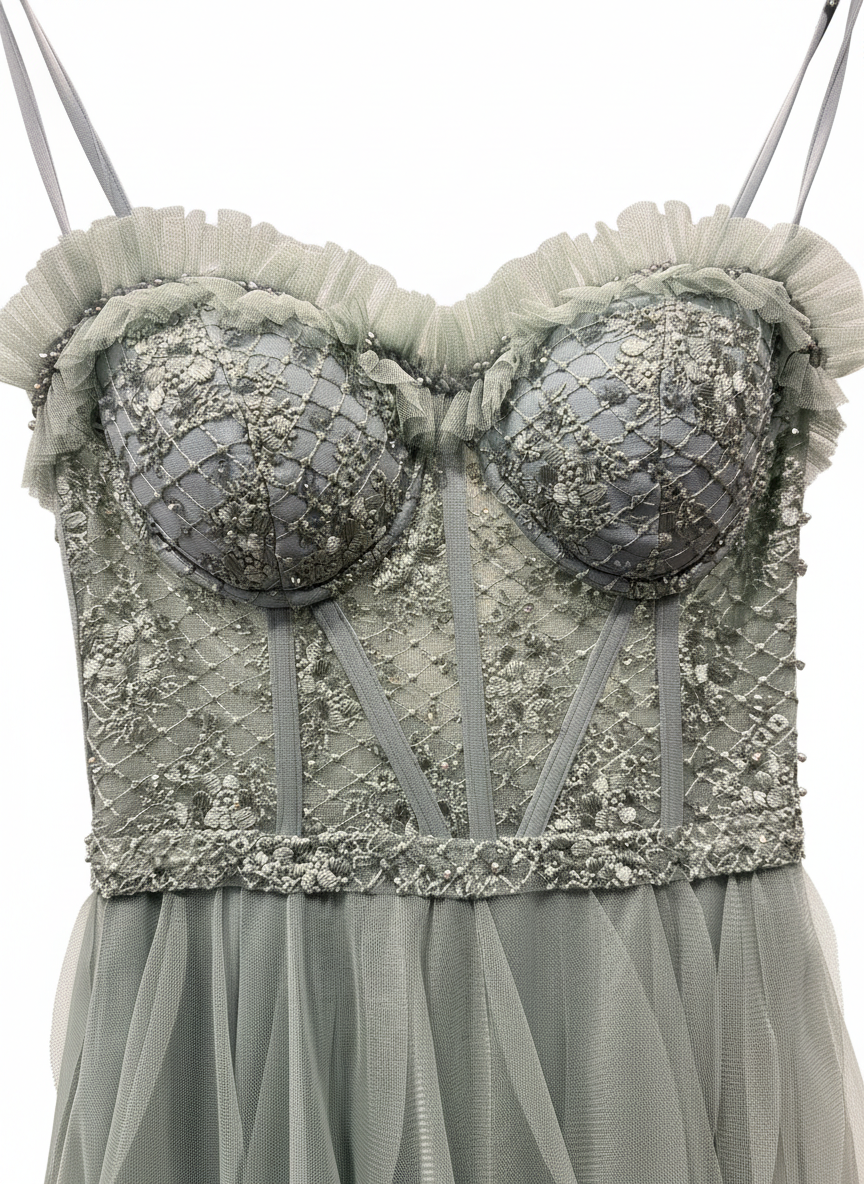 Askılı Dantelli Lazer Kesim Tül Etek Uzun Abiye Elbise