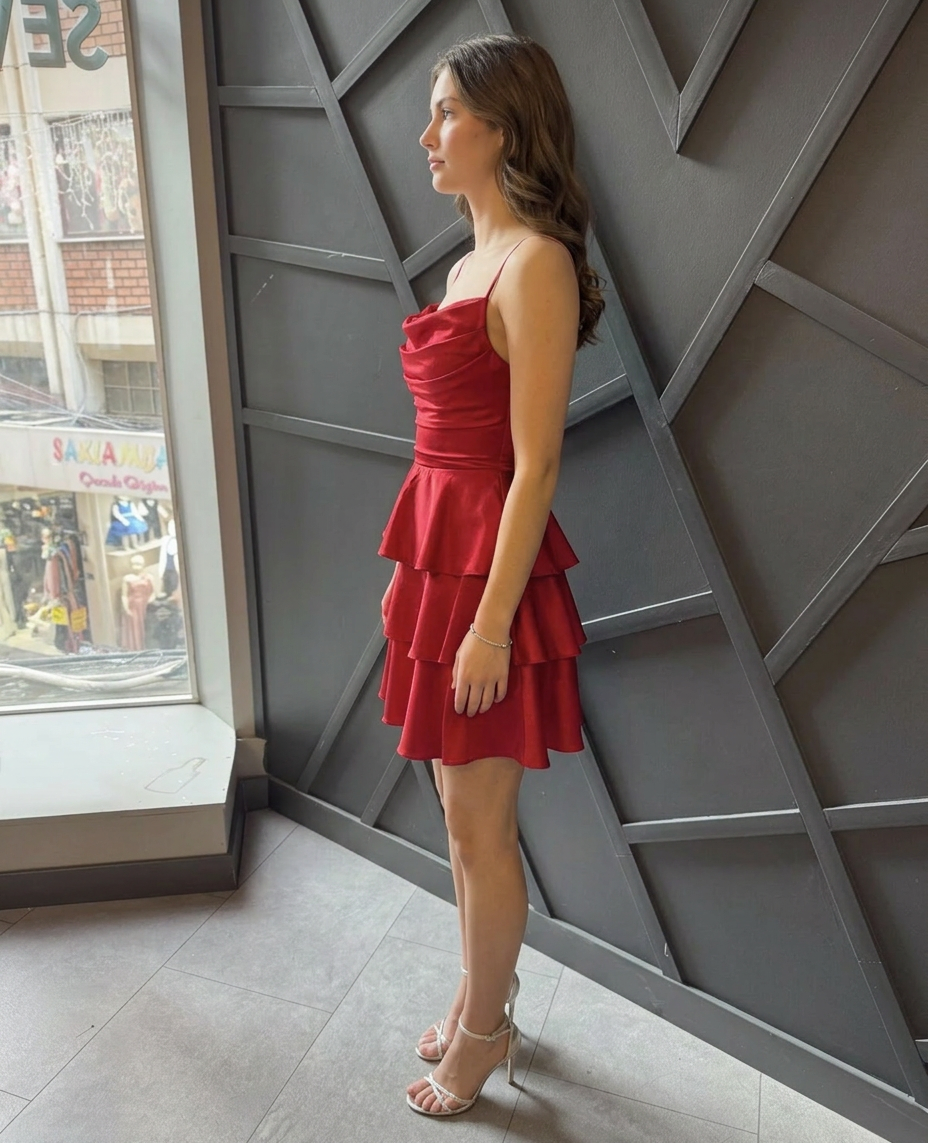 Kat Kat Saten Mini Abiye Elbise (Mezuniyet)