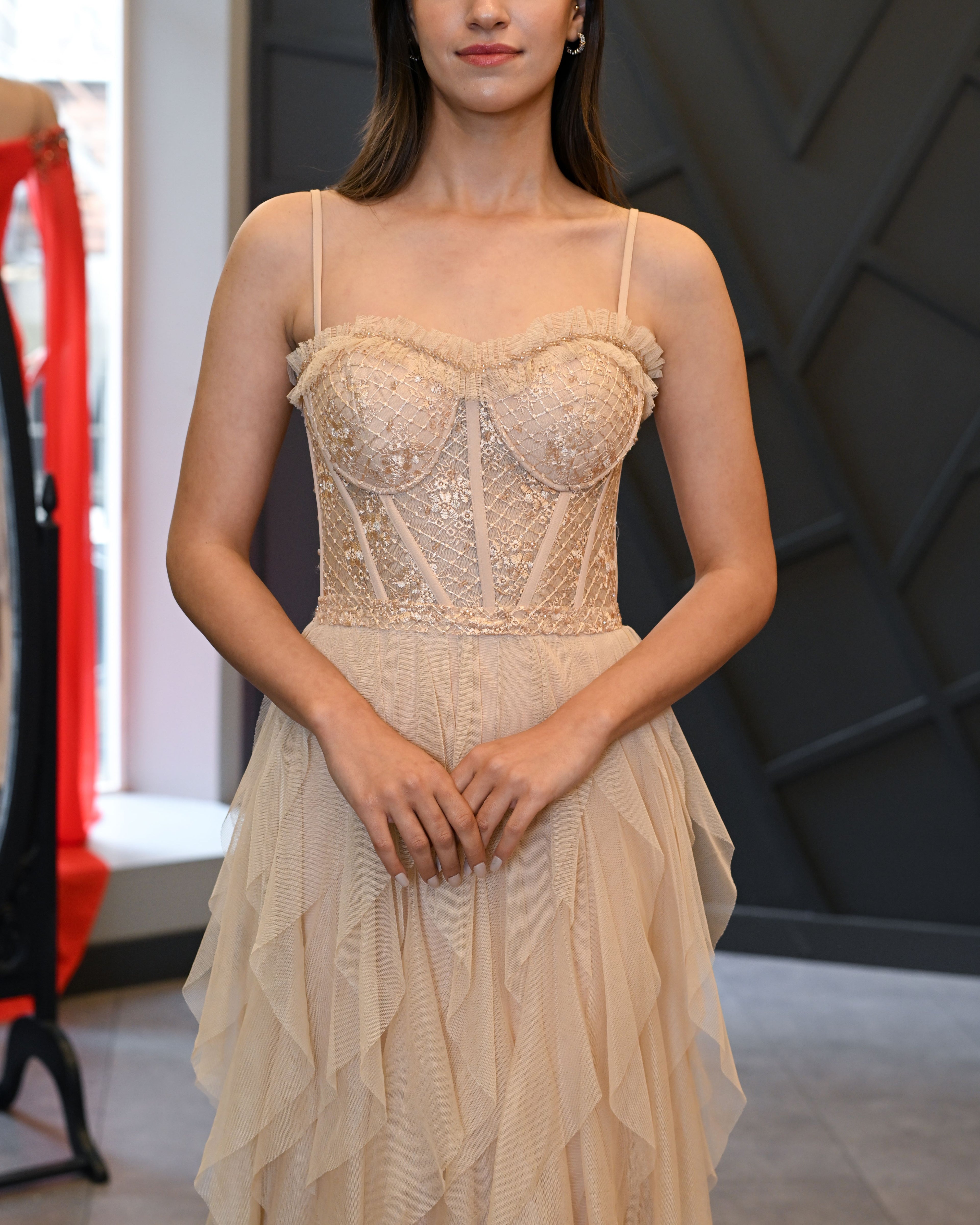 Askılı Dantelli Lazer Kesim Tül Etek Uzun Abiye Elbise