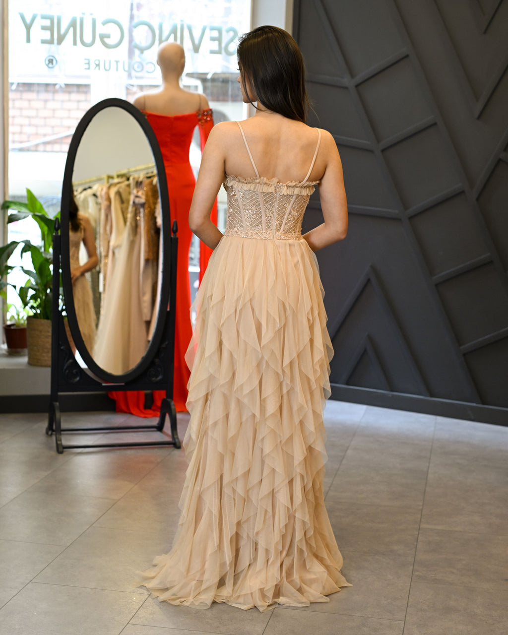 Askılı Dantelli Lazer Kesim Tül Etek Uzun Abiye Elbise