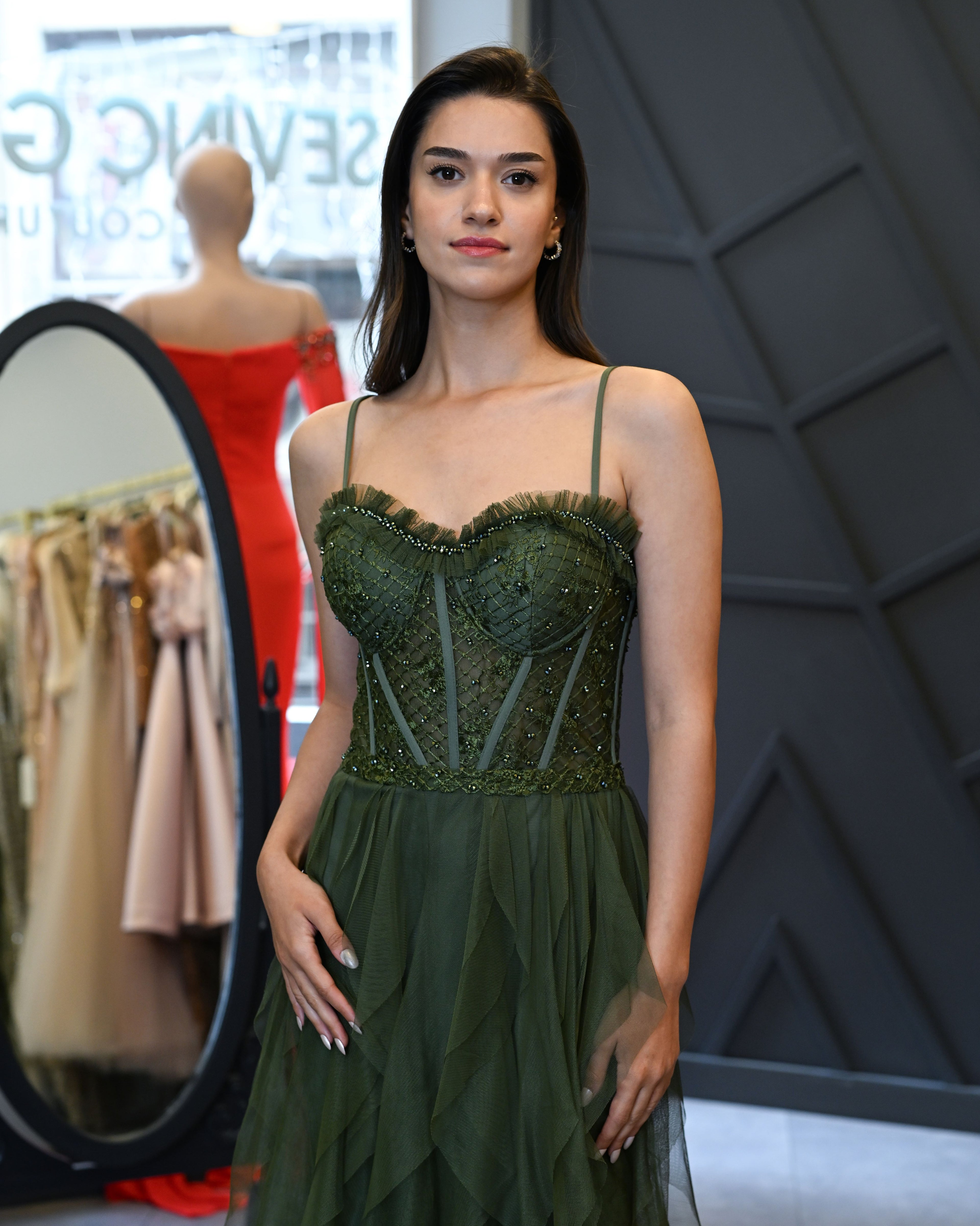 Askılı Dantelli Lazer Kesim Tül Etek Uzun Abiye Elbise