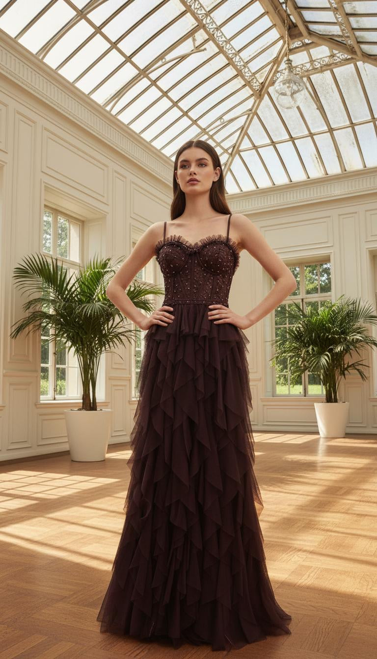 Askılı Dantelli Lazer Kesim Tül Etek Uzun Abiye Elbise