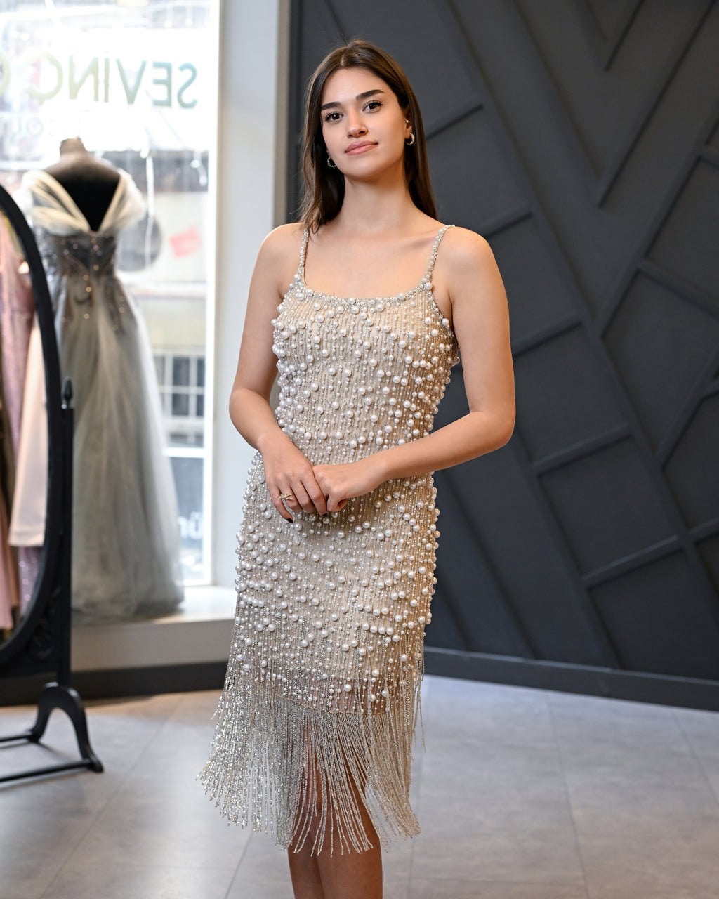 Askılı El İşleme Midi Sarkaç Abiye Elbise