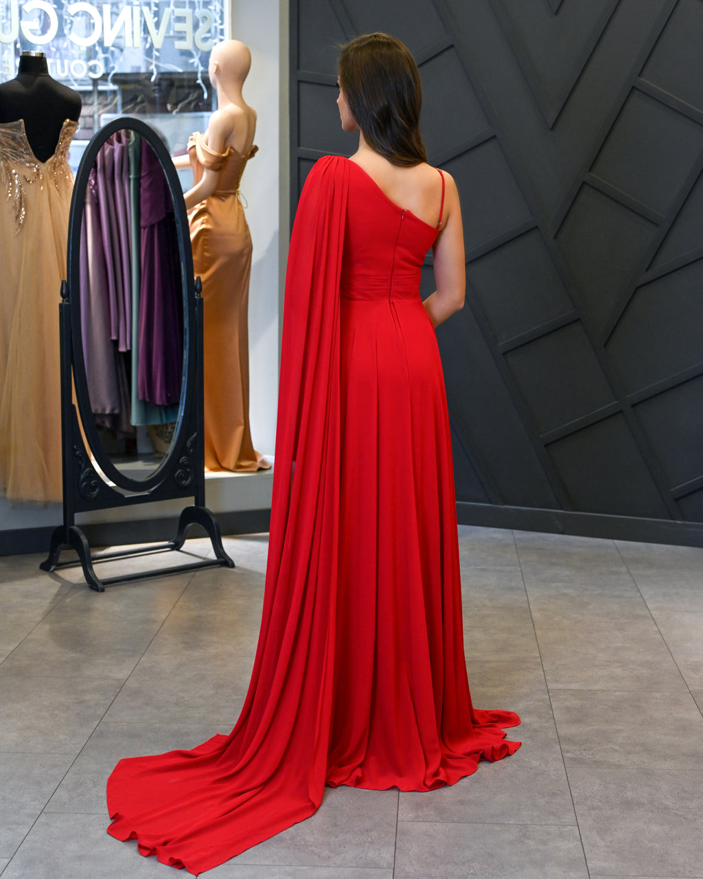 Kırmızı Şifon Uzun Abiye Elbise