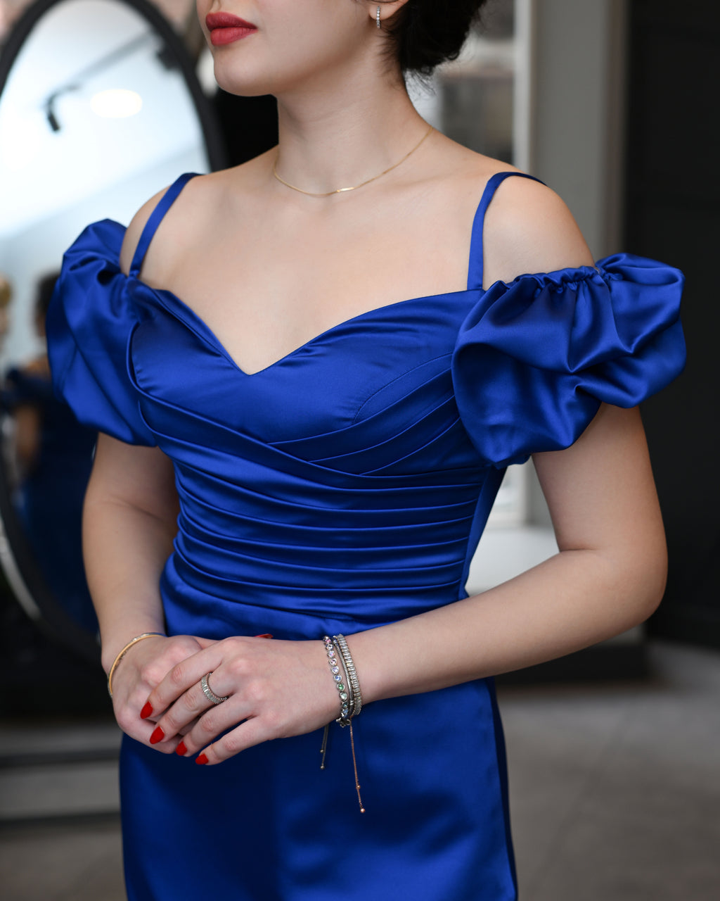 Kısa kollu Saten Midi Abiye Elbise