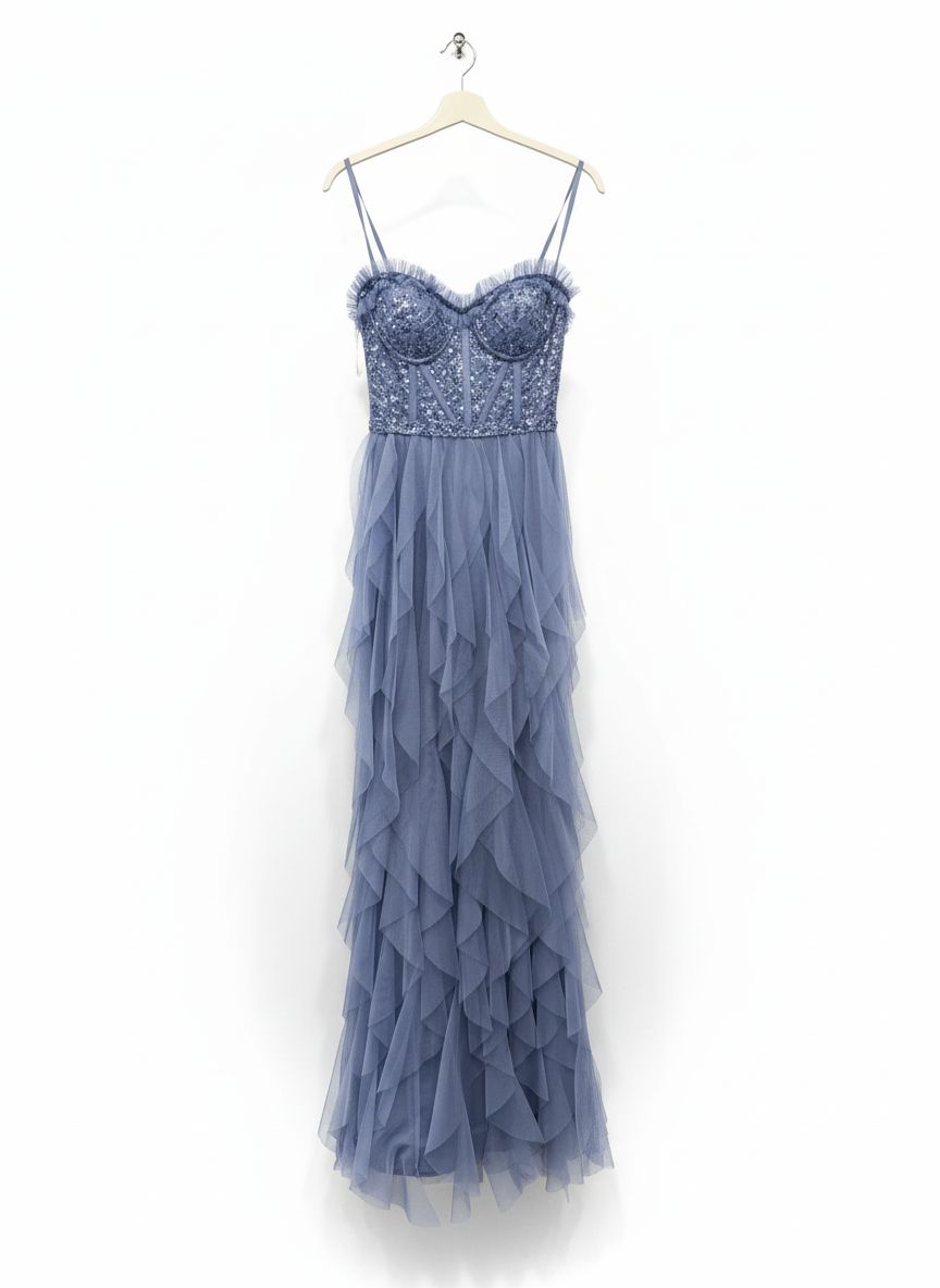 Askılı Dantelli Lazer Kesim Tül Etek Uzun Abiye Elbise