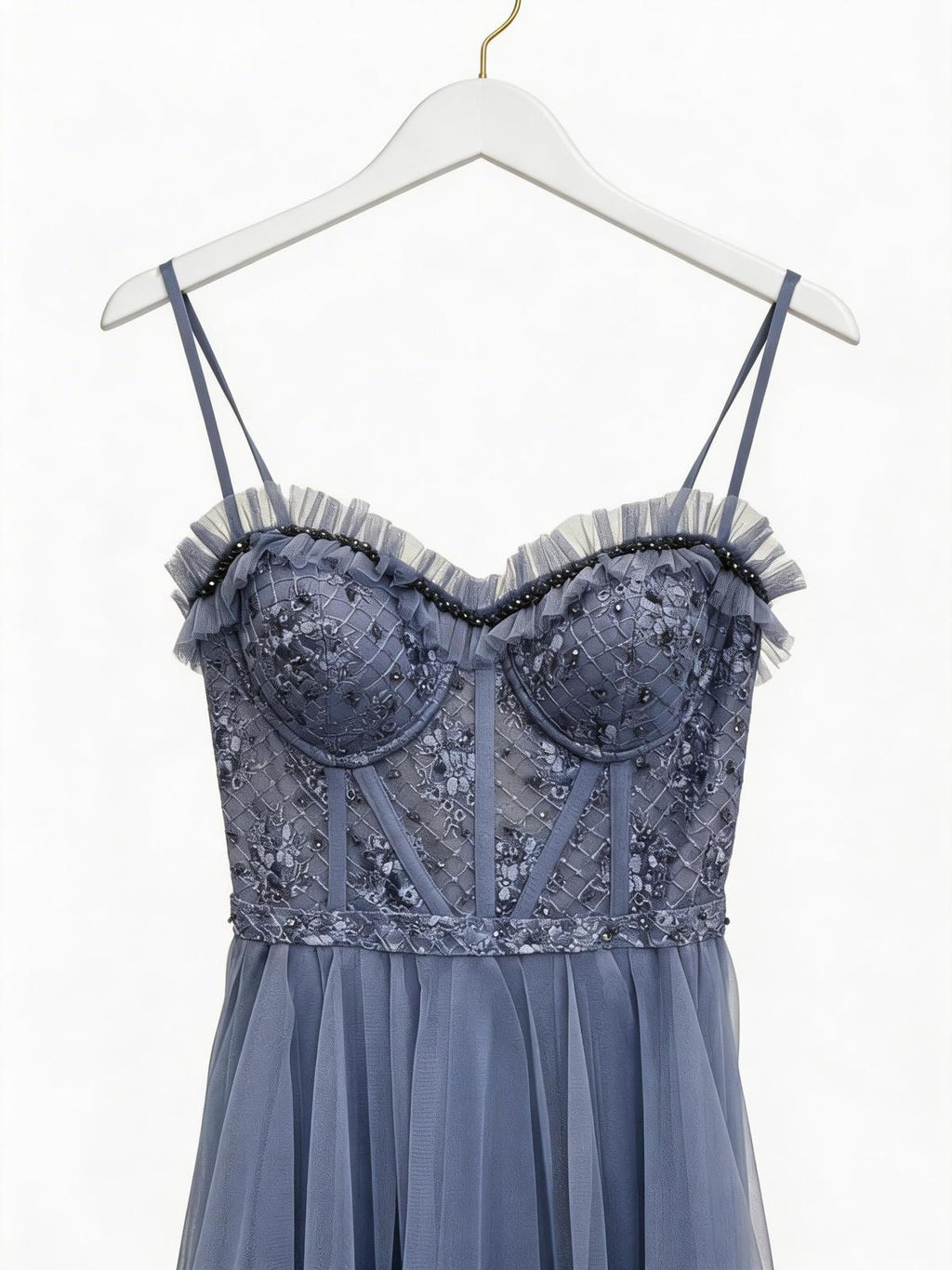 Askılı Dantelli Lazer Kesim Tül Etek Uzun Abiye Elbise