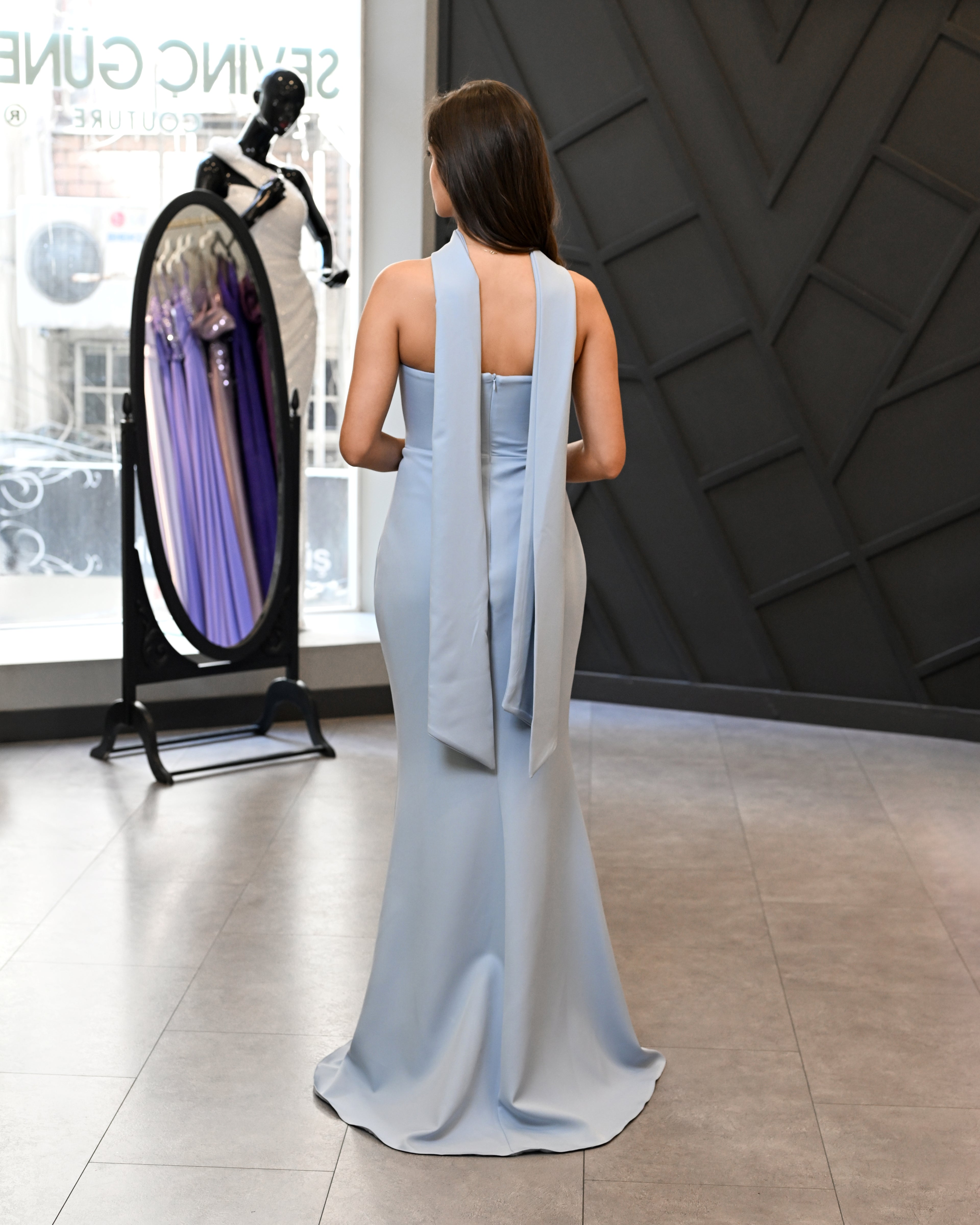 Straplez Şallı Krep Uzun Abiye Elbise