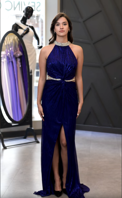 Taşlı Halter Yaka Balık Abiye Elbise