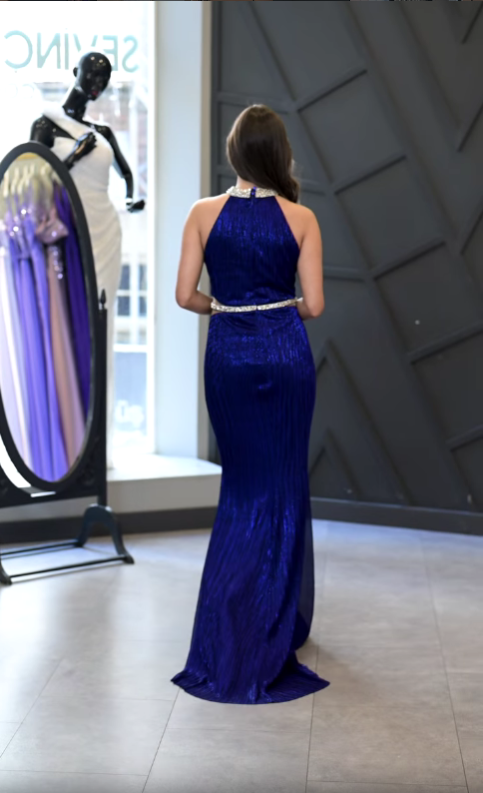 Taşlı Halter Yaka Balık Abiye Elbise