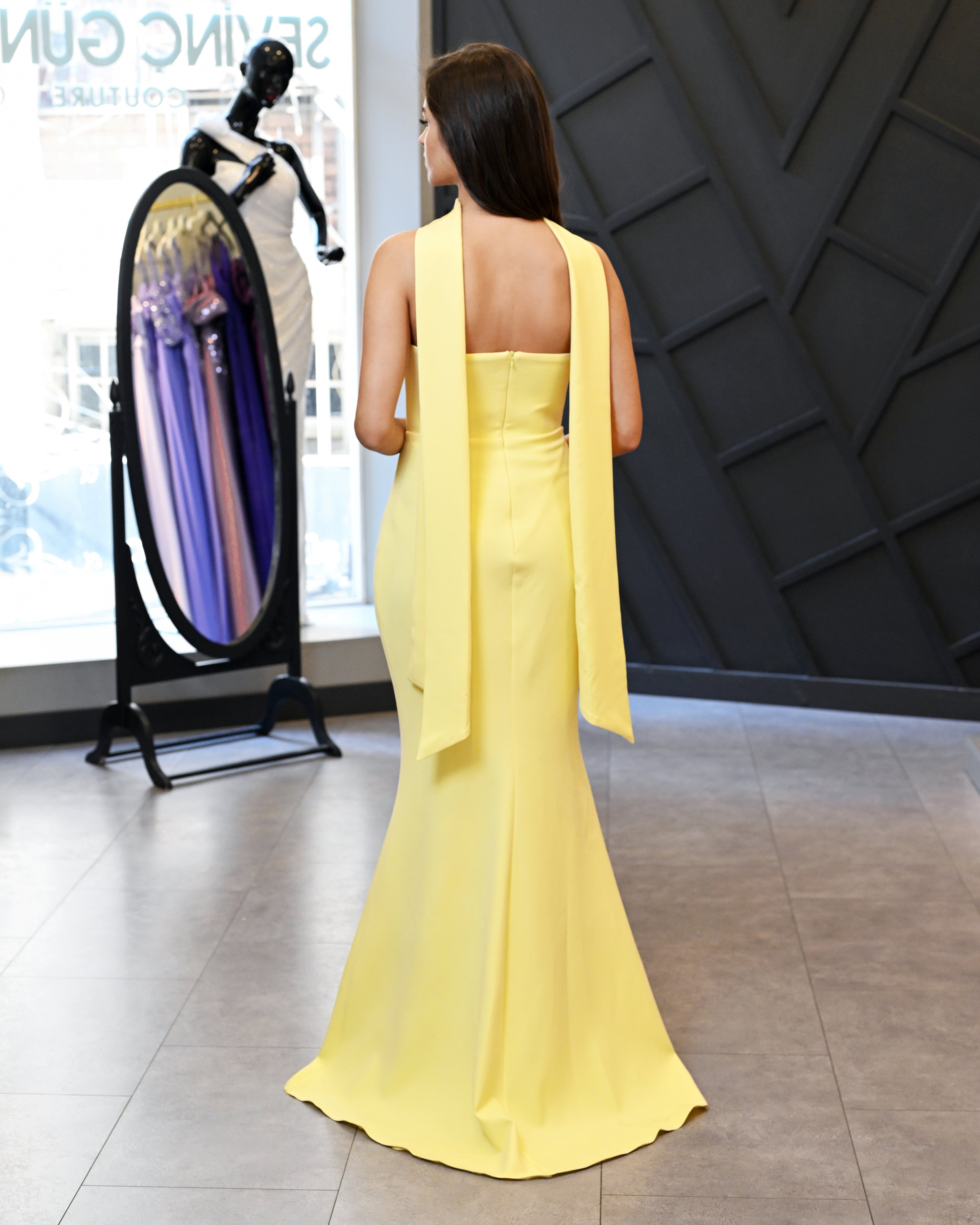 Straplez Şallı Krep Uzun Abiye Elbise