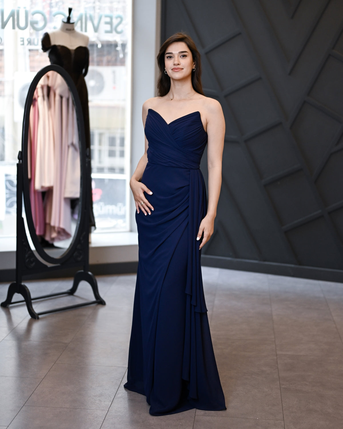 Straplez Drape Beden Sırt İp Bağlamalı Sifon Abiye Elbise