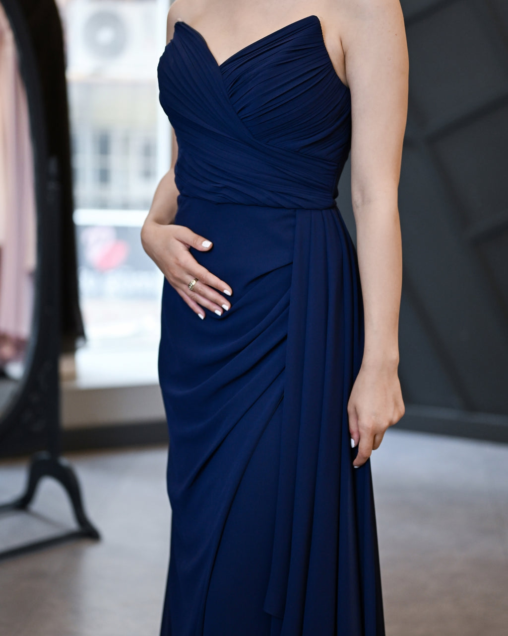 Straplez Drape Beden Sırt İp Bağlamalı Sifon Abiye Elbise