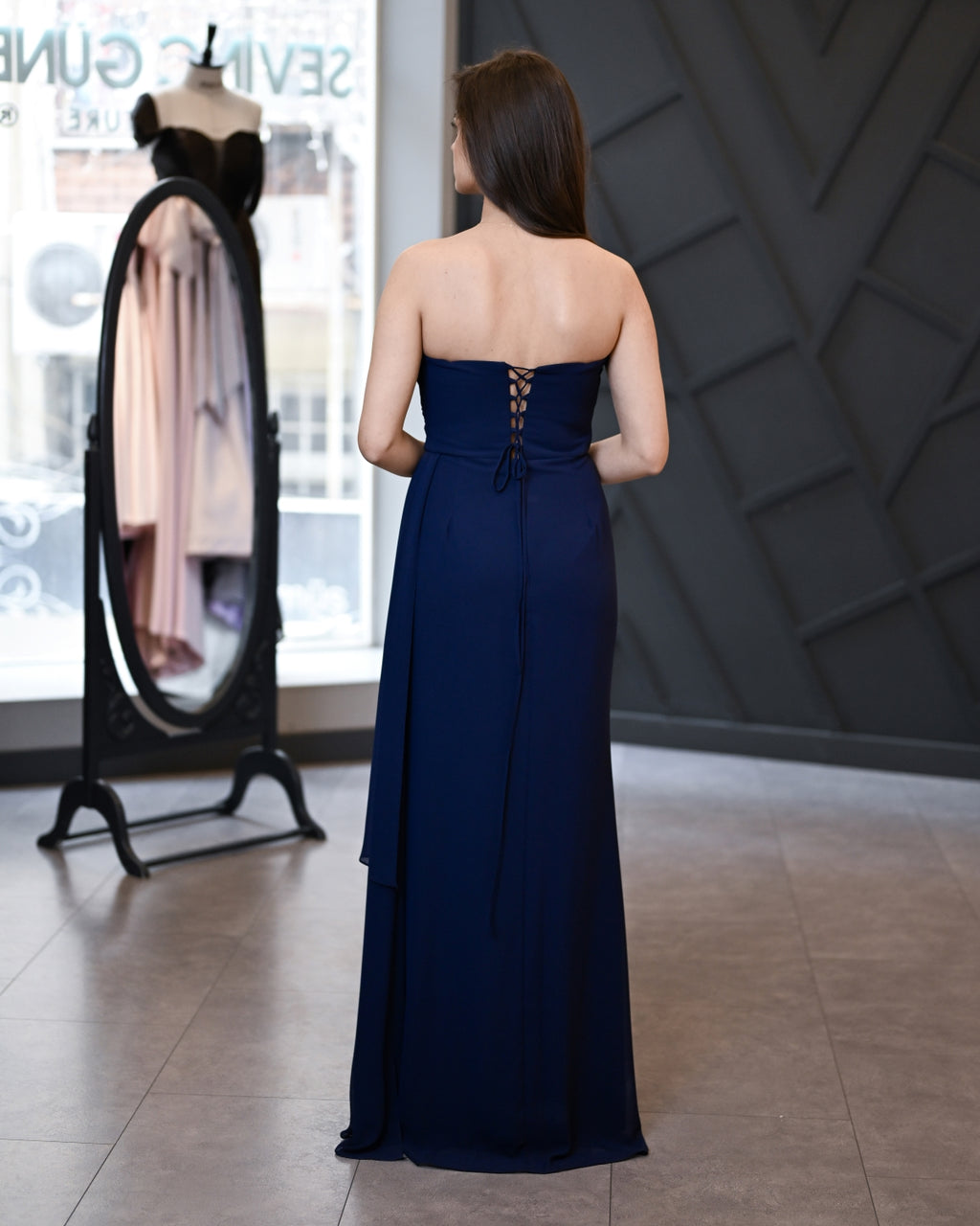 Straplez Drape Beden Sırt İp Bağlamalı Sifon Abiye Elbise